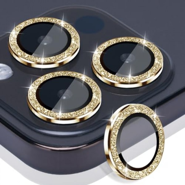 iPhone 15 Pro 및 iPhone 15 Pro Max용 카메라 렌즈 보호 장치, 강화 유리 렌즈 보호 장치 iPhone 15 Pro/iPhone 15 Pro Max에 맞는 알루미늄 합금 링 카메라 커버(글리터 골드)