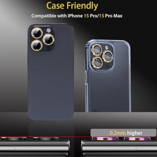 iPhone 15 Pro 및 iPhone 15 Pro Max용 카메라 렌즈 보호 장치, 강화 유리 렌즈 보호 장치 iPhone 15 Pro/iPhone 15 Pro Max에 맞는 알루미늄 합금 링 카메라 커버(글리터 골드)