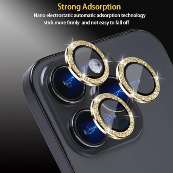 iPhone 15 Pro 및 iPhone 15 Pro Max용 카메라 렌즈 보호 장치, 강화 유리 렌즈 보호 장치 iPhone 15 Pro/iPhone 15 Pro Max에 맞는 알루미늄 합금 링 카메라 커버(글리터 골드)
