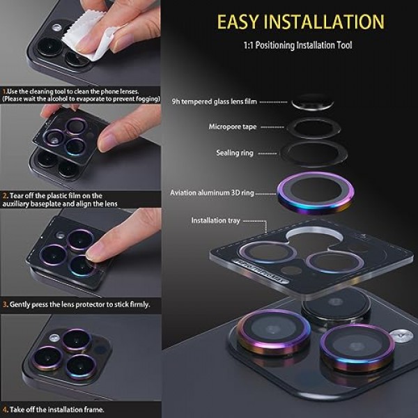 iPhone 15 Pro 및 iPhone 15 Pro Max용 카메라 렌즈 보호 장치, 강화 유리 렌즈 보호 장치 iPhone 15 Pro/iPhone 15 Pro Max에 맞는 알루미늄 합금 링 카메라 커버(글리터 골드)