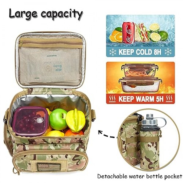 MOV COMPRA 남성용 전술 도시락 가방, 남성용 누수 방지 보온 도시락 MOLLE 물병 파우치 포함 대용량 성인용 업무용 도시락, 피크닉(위장 그린)