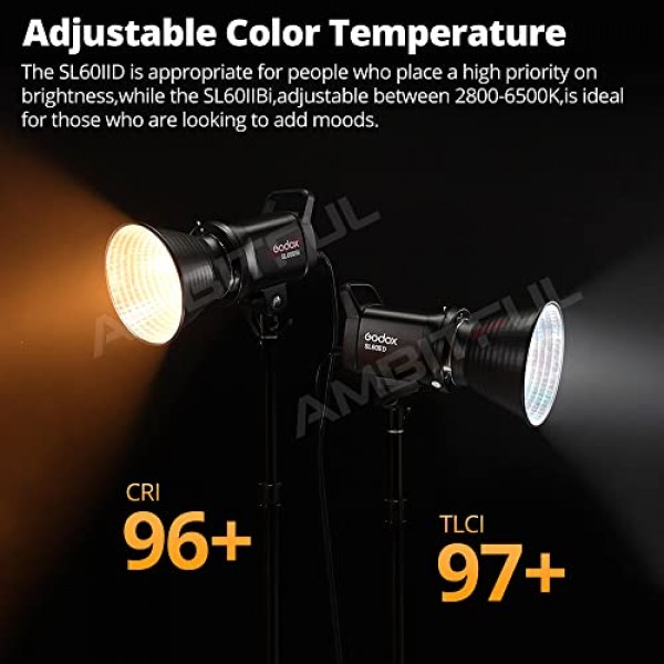 Godox SL60II-D SL-60W 업그레이드된 CRI 96+,TLCI 97+ LED 비디오 조명 백색 일광 연속 조명 5600±200K 70W Bowens Mount 8-FX 효과가 있는 새로운 앱 제어 + RC-A6 리모콘