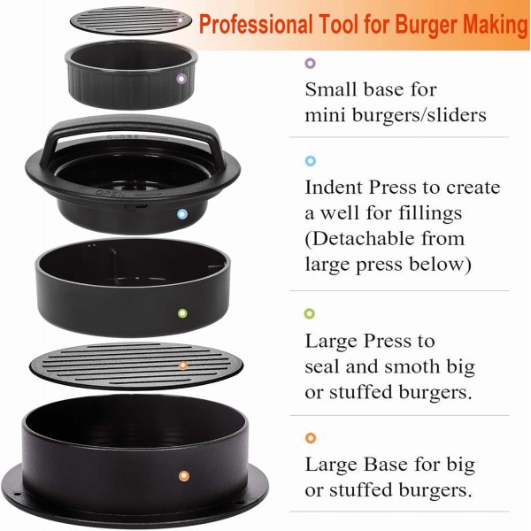 Geweo Burger Press 패티 Presse Non-Stick Stuffed Patty Presse, 3in1 버거용 다른 크기 버거 메이커 몰드, 주방 바베큐 도구 그릴 액세서리(100장 포함되지 않음)… 블랙 3 in 1