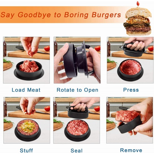 Geweo Burger Press 패티 Presse Non-Stick Stuffed Patty Presse, 3in1 버거용 다른 크기 버거 메이커 몰드, 주방 바베큐 도구 그릴 액세서리(100장 포함되지 않음)… 블랙 3 in 1