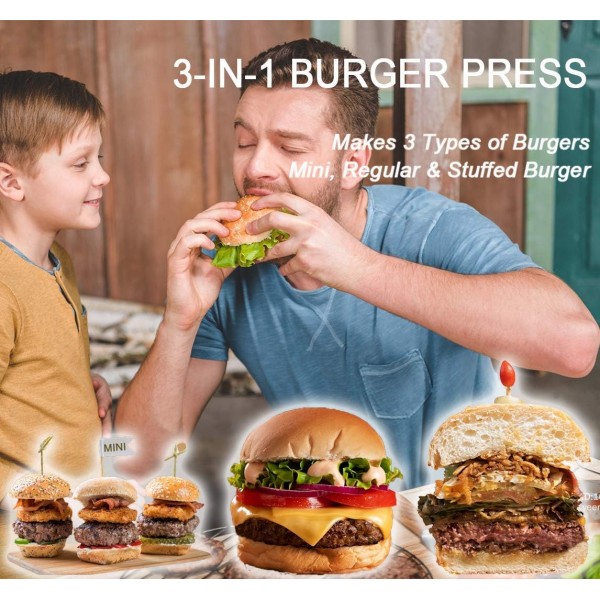 Geweo Burger Press 패티 Presse Non-Stick Stuffed Patty Presse, 3in1 버거용 다른 크기 버거 메이커 몰드, 주방 바베큐 도구 그릴 액세서리(100장 포함되지 않음)… 블랙 3 in 1
