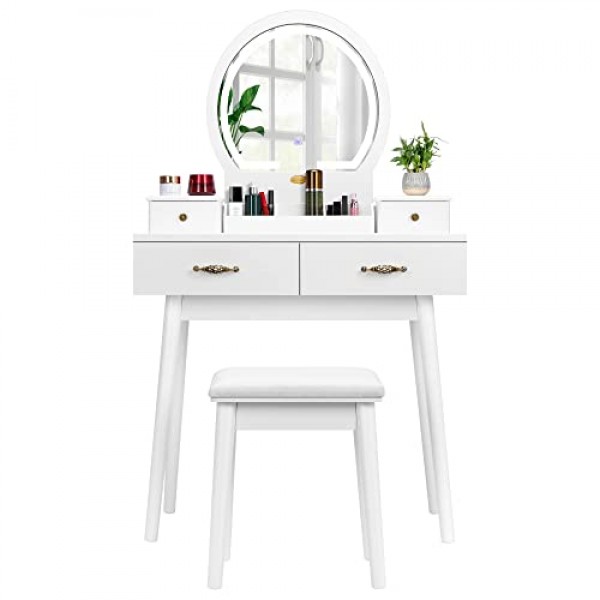 VIVOHOME 세면대 세트(3색 밝기조절 가능 조명 거울 포함), 화장대(서랍 포함), 패딩 처리된 스툴, 화이트