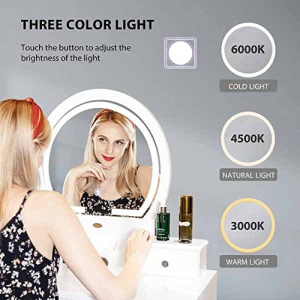VIVOHOME 세면대 세트(3색 밝기조절 가능 조명 거울 포함), 화장대(서랍 포함), 패딩 처리된 스툴, 화이트