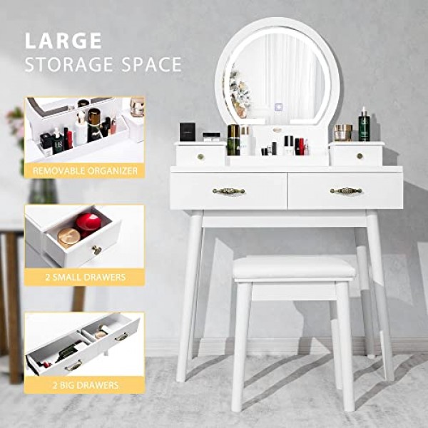 VIVOHOME 세면대 세트(3색 밝기조절 가능 조명 거울 포함), 화장대(서랍 포함), 패딩 처리된 스툴, 화이트