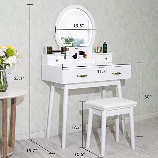VIVOHOME 세면대 세트(3색 밝기조절 가능 조명 거울 포함), 화장대(서랍 포함), 패딩 처리된 스툴, 화이트