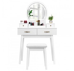 VIVOHOME 세면대 세트(3색 밝기조절 가능 조명 거울 포함), 화장대(서랍 포함), 패딩 처리된 스툴, 화이트