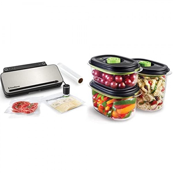 FoodSaver VS3190X 다목적 식품 진공 실러 | 식품 진공 실러 | 3 x 보존 및 마리네이드 진공 용기 | 진공 롤 1개, 진공 백 4개, 진공 밀봉 백 4개