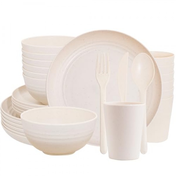 EI 42pcs 밀짚 식기 세트, 접시 및 그릇 세트, 재사용 가능 접시, 6인용 깨지지 않는 디너 접시, 전자레인지 식기세척기 안전, 대학 기숙사 필수품 요리 세트-그릇, 접시, 