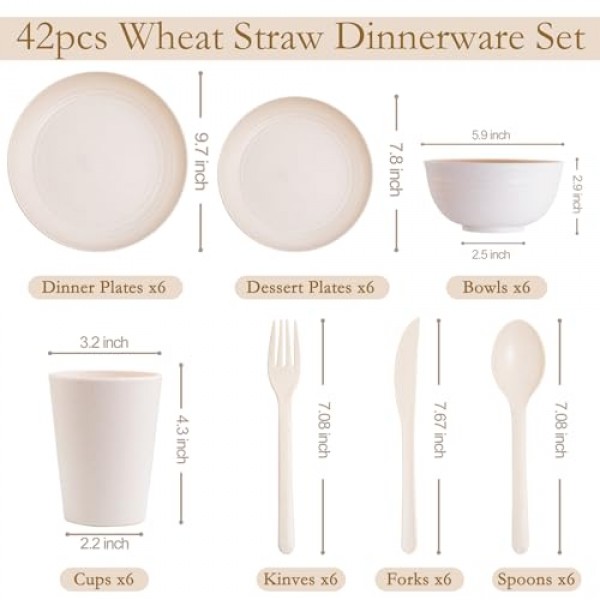 EI 42pcs 밀짚 식기 세트, 접시 및 그릇 세트, 재사용 가능 접시, 6인용 깨지지 않는 디너 접시, 전자레인지 식기세척기 안전, 대학 기숙사 필수품 요리 세트-그릇, 접시, 