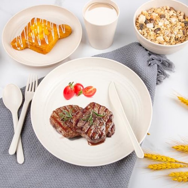 EI 42pcs 밀짚 식기 세트, 접시 및 그릇 세트, 재사용 가능 접시, 6인용 깨지지 않는 디너 접시, 전자레인지 식기세척기 안전, 대학 기숙사 필수품 요리 세트-그릇, 접시, 