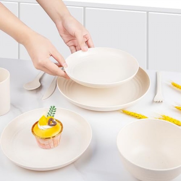 EI 42pcs 밀짚 식기 세트, 접시 및 그릇 세트, 재사용 가능 접시, 6인용 깨지지 않는 디너 접시, 전자레인지 식기세척기 안전, 대학 기숙사 필수품 요리 세트-그릇, 접시, 