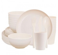 EI 42pcs 밀짚 식기 세트, 접시 및 그릇 세트, 재사용 가능 접시, 6인용 깨지지 않는 디너 접시, 전자레인지 식기세척기 안전, 대학 기숙사 필수품 요리 세트-그릇, 접시, 