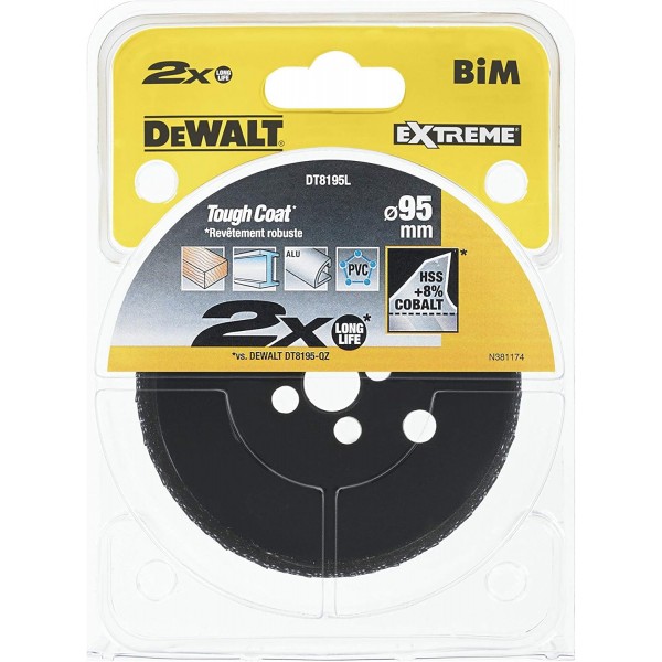 DeWalt Extreme 2X 바이메탈 홀쏘(95mm, 스테인리스 스틸, 강철, 알루미늄, 황동, 구리, 아연, 판금, 목재, 석고 및 플라스틱 톱질용) DT8195L