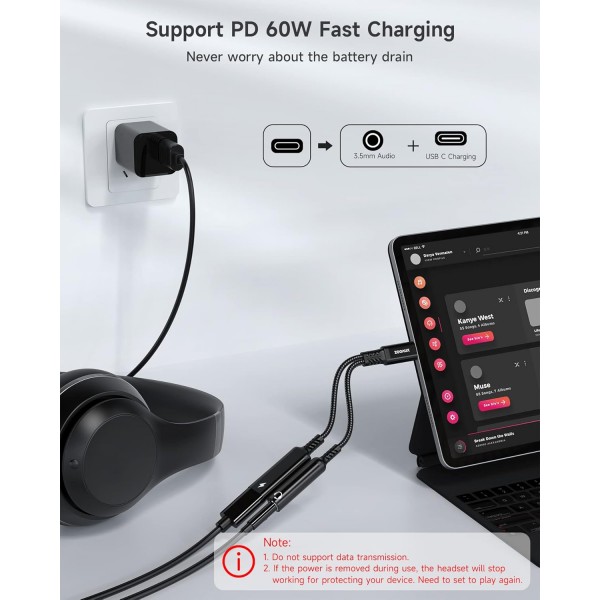 ZOOAUX USB C 헤드폰 어댑터 및 충전, 2 in 1 어댑터 USB C-잭, 60W 고속 충전 지원, USB C 3.5mm 잭 어댑터 Aux for Sumsung S21/S21 Ultra/S20/S20 Ultra/Note20, Huawei P40 Black