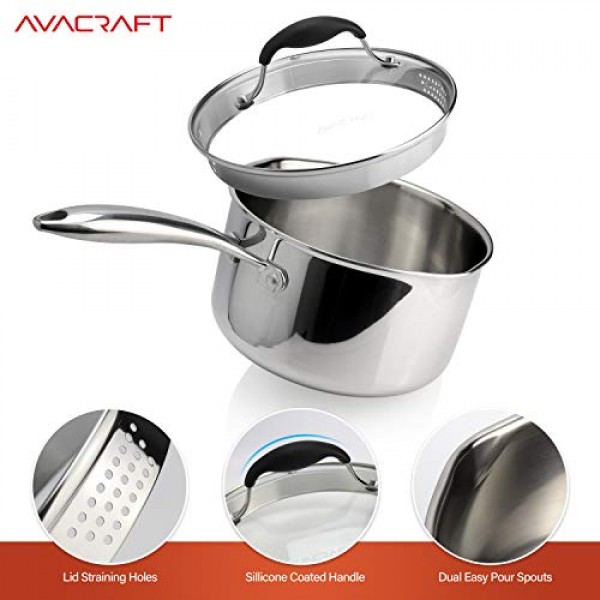 AVACRAFT 3겹 스테인리스 스틸 소스팬(유리 여과기 뚜껑 포함), 2개의 측면 스파우트, 뚜껑이 있는 다용도 소스 팬, 소스 냄비, 요리 냄비(3겹 풀바디, 3.5쿼트)