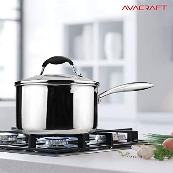 AVACRAFT 3겹 스테인리스 스틸 소스팬(유리 여과기 뚜껑 포함), 2개의 측면 스파우트, 뚜껑이 있는 다용도 소스 팬, 소스 냄비, 요리 냄비(3겹 풀바디, 3.5쿼트)