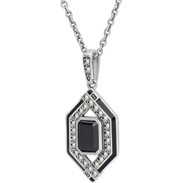 Esse Marcasite 스털링 실버 블랙 스피넬 Marcasite & 블랙 에나멜 아트 데코 목걸이