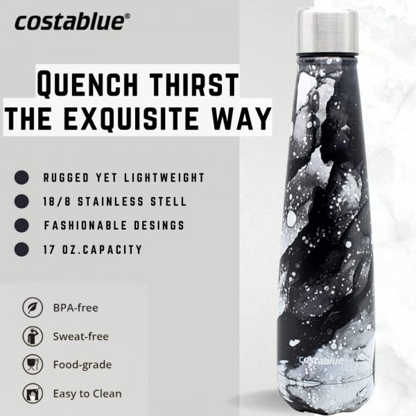 costablue Beverly Hills Collection 스테인리스 스틸 물병 - BPA 프리 절연 이중벽 물병, 식기세척기 사용 가능 푸시 잠금식 개폐식 뚜껑 포함 - 17온스 버블리 블랙