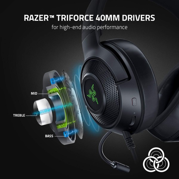Razer Kraken V3 X - 유선 USB 게임용 헤드셋(경량 헤드폰, TriForce 40mm 드라이버, 카디오이드 HyperClear 마이크, 7.1 서라운드 사운드, RGB Chroma) 블랙 Kraken V3 X 블랙