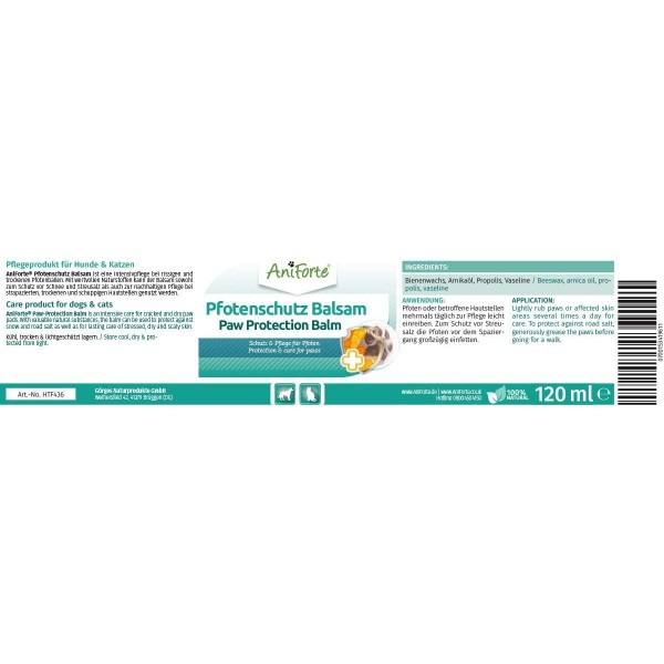 AniForte Paw Balm Dog & Cat 120 ml - 천연 발 보호, 갈라지고 건조한 발 관리, 더운 날씨에 집중적인 발 관리