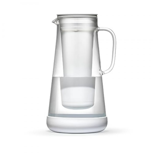 LifeStraw 홈 - 정수 필터 투수, 7컵, 흰색, 실리콘 베이스가 있는 유리, 흰색, 박테리아, 기생충, 미세 플라스틱, 납, 수은, PFAS 및 다양한 화학 물질로부터 일상을 보호합