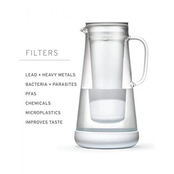 LifeStraw 홈 - 정수 필터 투수, 7컵, 흰색, 실리콘 베이스가 있는 유리, 흰색, 박테리아, 기생충, 미세 플라스틱, 납, 수은, PFAS 및 다양한 화학 물질로부터 일상을 보호합