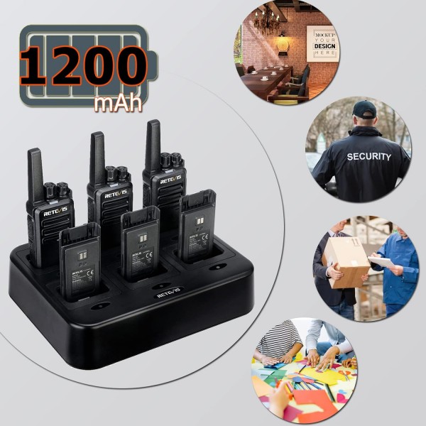 Retevis RT668 양방향 라디오 이어피스 포함 PMR446 라이선스 무료 Rugged 워키토키 및 6방향 충전기 포함 VOX 충전식 양방향 라디오 세트 휴대용 학교 호텔용(6팩, 블랙) 6방향 
