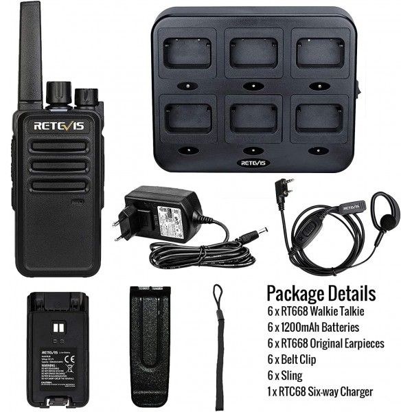 Retevis RT668 양방향 라디오 이어피스 포함 PMR446 라이선스 무료 Rugged 워키토키 및 6방향 충전기 포함 VOX 충전식 양방향 라디오 세트 휴대용 학교 호텔용(6팩, 블랙) 6방향 