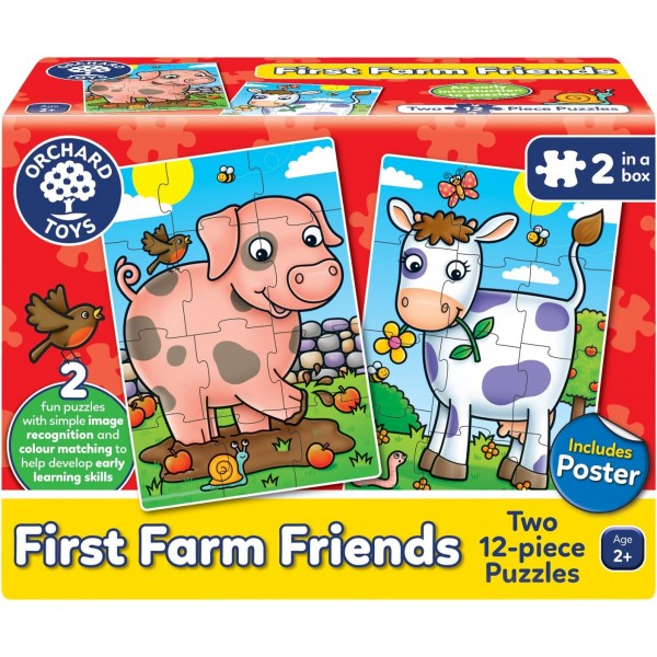 Orchard Toys First Farm Friends Jigsaw Puzzle, 12피스 교육용 퍼즐, 상자에 들어 있는 두 개의 퍼즐, 손과 눈의 협응력 개발 및 퍼즐 맞추기 및 세기, 1-20 농장에서 세는 법 배우기 