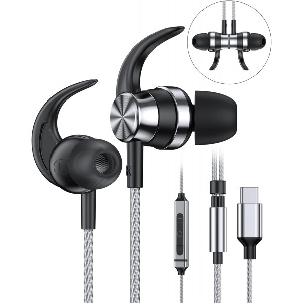 Samsung S23 S22 S21 S20 A53 A54용 USB C 헤드폰, 케이블 USB C가 있는 인이어 헤드폰, 베이스 스테레오, 소음 차단, iPad Pro Pixel 7 6a OnePlus 9용, 마이크가 있는 Type C 헤드폰, USB C 연