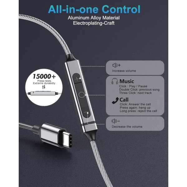 Samsung S23 S22 S21 S20 A53 A54용 USB C 헤드폰, 케이블 USB C가 있는 인이어 헤드폰, 베이스 스테레오, 소음 차단, iPad Pro Pixel 7 6a OnePlus 9용, 마이크가 있는 Type C 헤드폰, USB C 연
