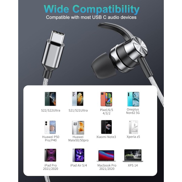 Samsung S23 S22 S21 S20 A53 A54용 USB C 헤드폰, 케이블 USB C가 있는 인이어 헤드폰, 베이스 스테레오, 소음 차단, iPad Pro Pixel 7 6a OnePlus 9용, 마이크가 있는 Type C 헤드폰, USB C 연