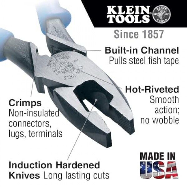 Klein Tools J2000-9NECRTP 사이드 커터 Linemans 플라이어(테이프 당김 및 와이어 압착 포함), 높은 레버리지, 9인치