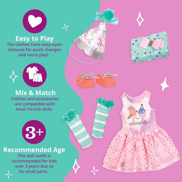 Glitter Girls GG50098Z Flower Battat – What a Surprise – 14인치 디럭스 생일 파티 인형 복장 – 3세 이상의 소녀를 위한 장난감, 의류 및 액세서리, 로즈