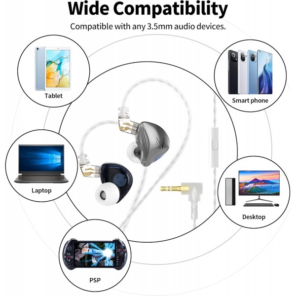 케이블 포함 KZ ZEX 이어폰, 유선 인이어 헤드폰, HiFi 전문가용 스테레오, 깊은 저음, iPhone, iPad, MP3, Huawei, Samsung용 3.5mm 잭 이어폰(검은색, 마이크 포함)
