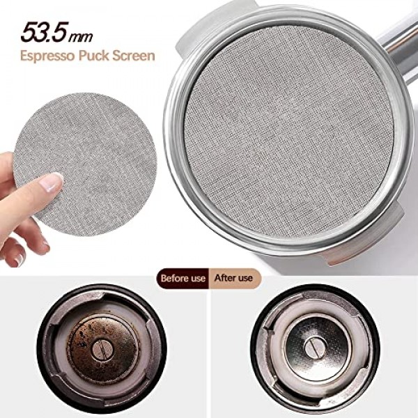 Breville Barista Express BES880, BES878, BES875, BES870, BES840, BES810 에스프레소 머신과 호환되는 54mm 바텀리스 포터필터 및 53.5mm 퍽 스크린(스테인리스 스틸 필터 바구니 포함)