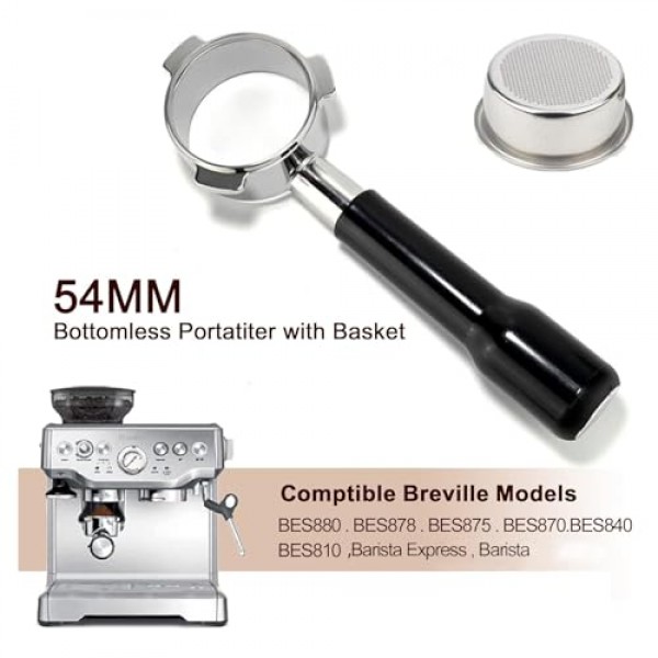 Breville Barista Express BES880, BES878, BES875, BES870, BES840, BES810 에스프레소 머신과 호환되는 54mm 바텀리스 포터필터 및 53.5mm 퍽 스크린(스테인리스 스틸 필터 바구니 포함)