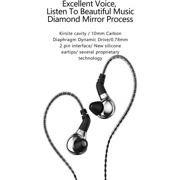 BLON BL-03 이어폰, 10mm 카본 다이어프램 다이내믹 드라이브 베이스 HiFi DJ 이어폰 모니터, 다이아몬드 미러 프로세스 이어폰 2핀 분리형 케이블 유선 이어폰(Slive No Mic)