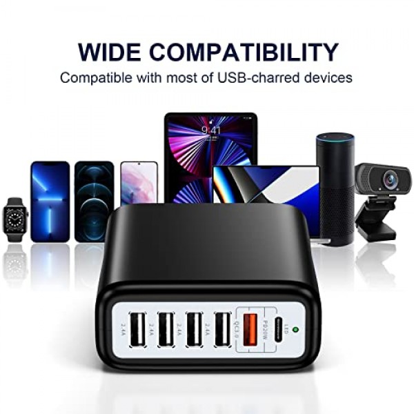 USB C 충전 스테이션 100W 벽면 충전기 PD&QC3.0 고속 충전 블록 스트립 전원 허브 데스크 충전기 도크 iPhone iPad 노트북 MacBook 및 기타 C용 급속 충전 허브