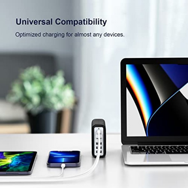 USB C 충전 스테이션 100W 벽면 충전기 PD&QC3.0 고속 충전 블록 스트립 전원 허브 데스크 충전기 도크 iPhone iPad 노트북 MacBook 및 기타 C용 급속 충전 허브