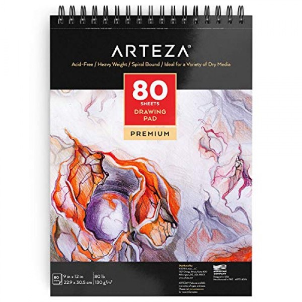 ARTEZA 드로잉 페이퍼 패드, 9 x 12인치, 1팩, 80페이지, 나선형 제본 스케치북, 내구성이 뛰어난 80파운드 종이 시트가 포함된 드로잉 저널, 학생 및 성인을 위한 미술 용품