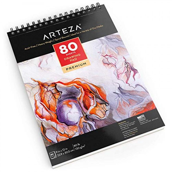 ARTEZA 드로잉 페이퍼 패드, 9 x 12인치, 1팩, 80페이지, 나선형 제본 스케치북, 내구성이 뛰어난 80파운드 종이 시트가 포함된 드로잉 저널, 학생 및 성인을 위한 미술 용품