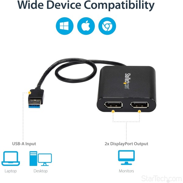 StarTech.com USB 3.0 - 듀얼 DisplayPort 어댑터 4K 60Hz, DisplayLink 인증, 외부 그래픽 카드가 있는 비디오 컨버터 - Mac 및 PC(USB32DP24K60) 단일