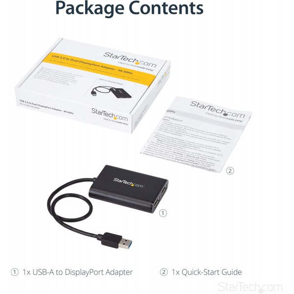 StarTech.com USB 3.0 - 듀얼 DisplayPort 어댑터 4K 60Hz, DisplayLink 인증, 외부 그래픽 카드가 있는 비디오 컨버터 - Mac 및 PC(USB32DP24K60) 단일