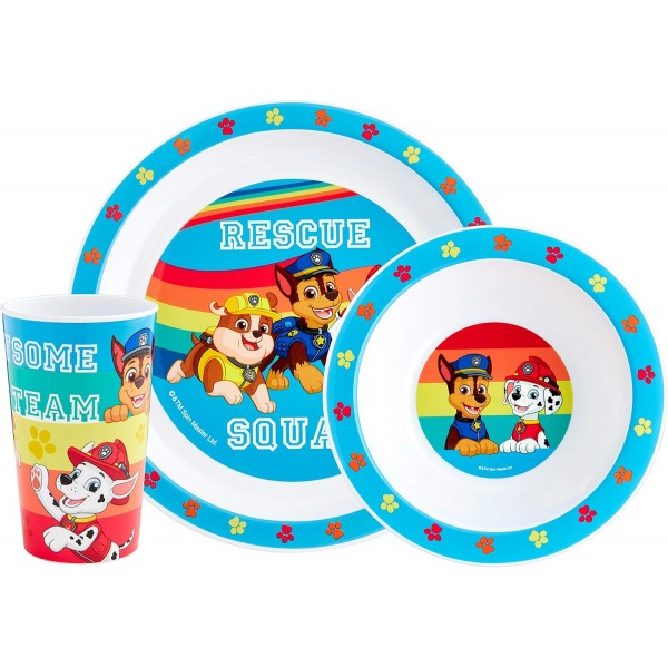 PAW Patrol Kids 식기 세트 – 3피스 어린이용 재사용 가능한 PP 접시, 그릇 및 컵 세트 – Skye, Chase, Marshall, Rubble 텀블러 및 식사 시간용 식기 세트 – 24개월 이상