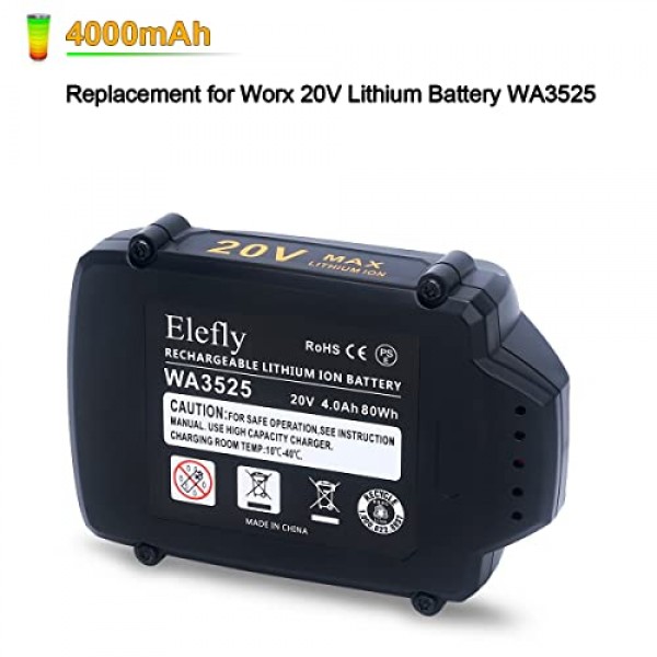 ELEFLY 2 팩 WA3525 Worx 20V 배터리 WA3525 WA3520 WA3575 WA3578 용 20V 4.0Ah 리튬 배터리 교체, Worx 20V 무선 도구와 호환 가능